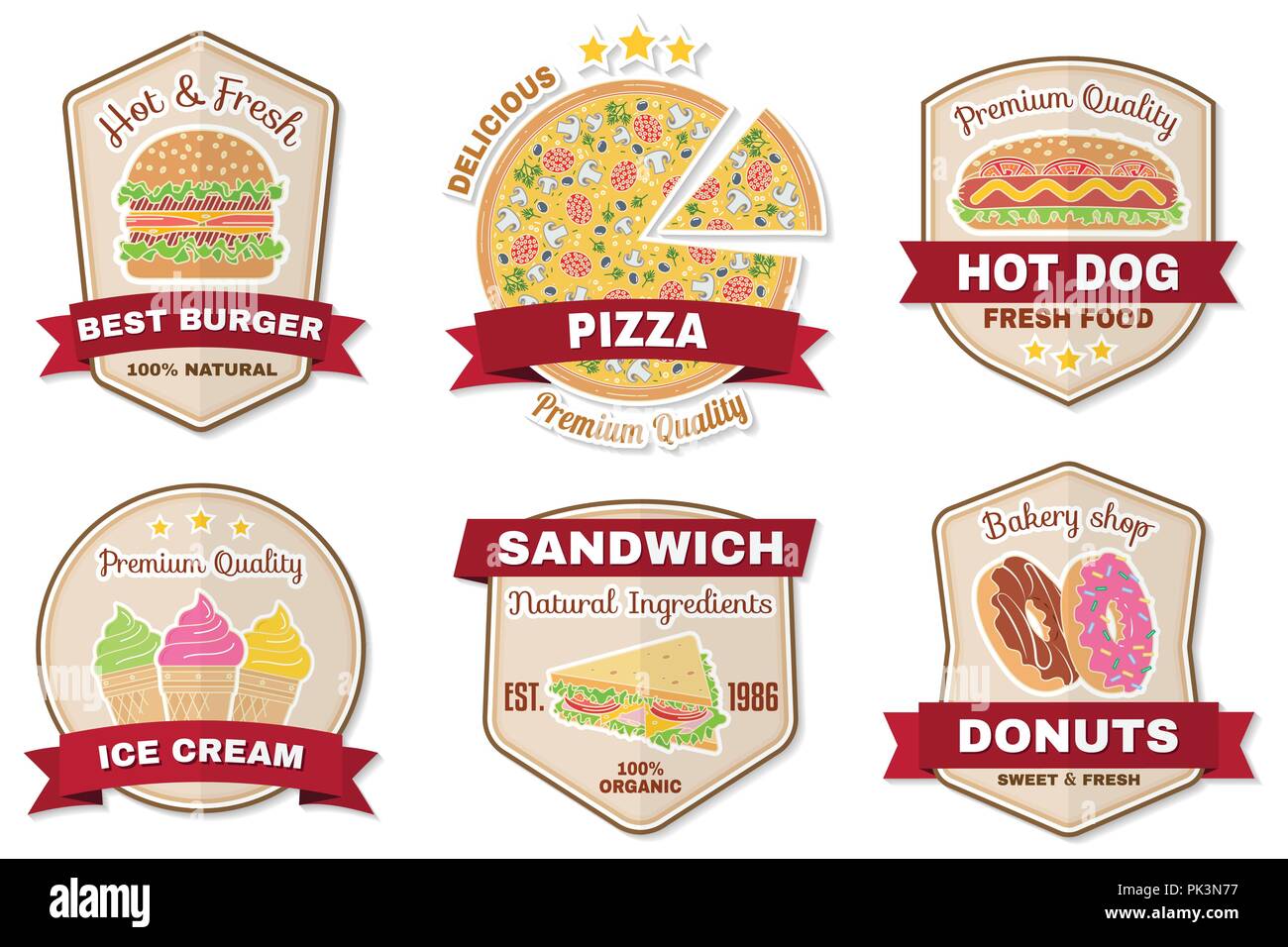 Vintage fast food badge, banner or logo emblem. Elements on the theme of the fast food business. Hamburger, pizza, donuts, hot dog, ice cream,cola, fr Stock Vector