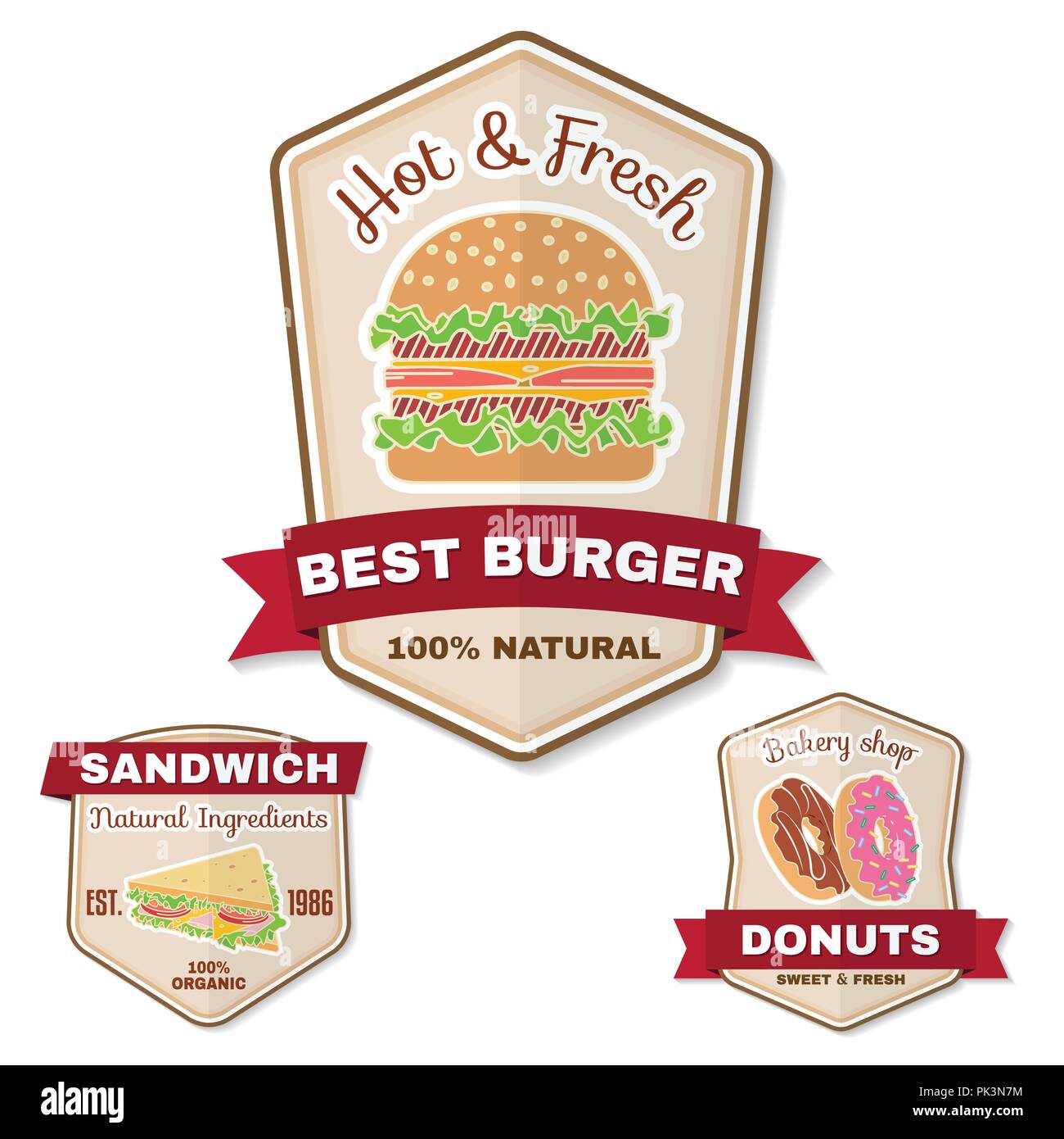 Vintage fast food badge, banner or logo emblem. Elements on the theme of the fast food business. Hamburger, sandwich, donuts, design, sticker or emble Stock Vector