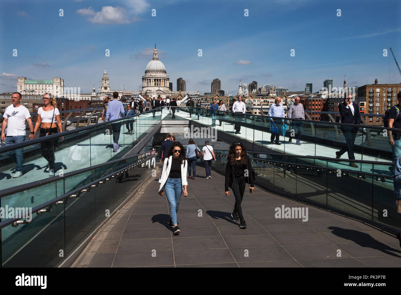 City of London, London England, Panoramic view from Millennium Bridge across the River Thames. Sept 2018 Walking across the Millennium Bridge to the S Stock Photo