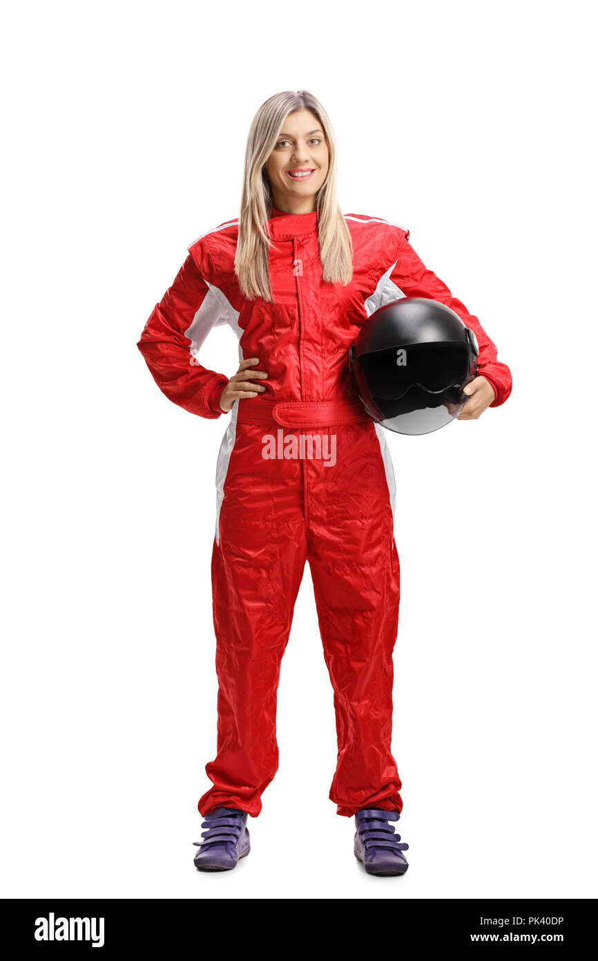Full length portrait of a female racer isolated on white background Stock Photo
