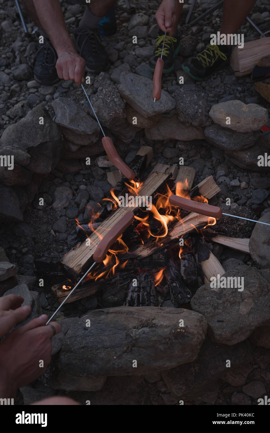 Group of friends roasting hot dogs on campfire Stock Photo