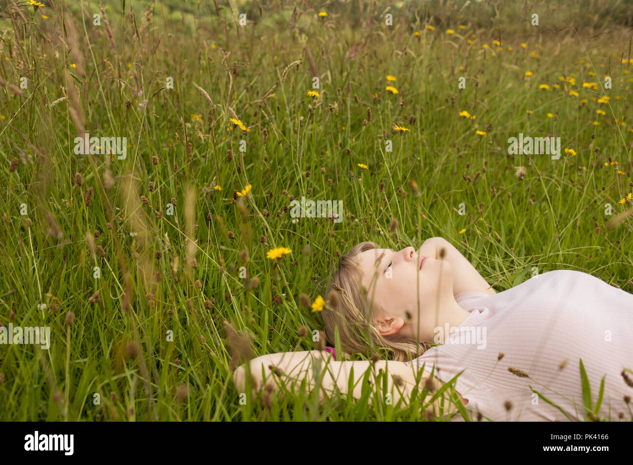 Woman relaxing in the field Stock Photo