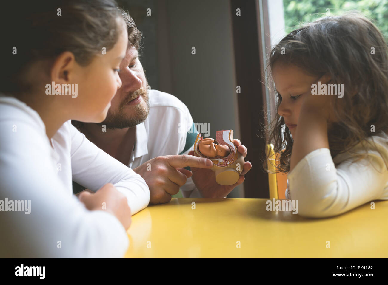 Father explaining his daughters about fetus model Stock Photo