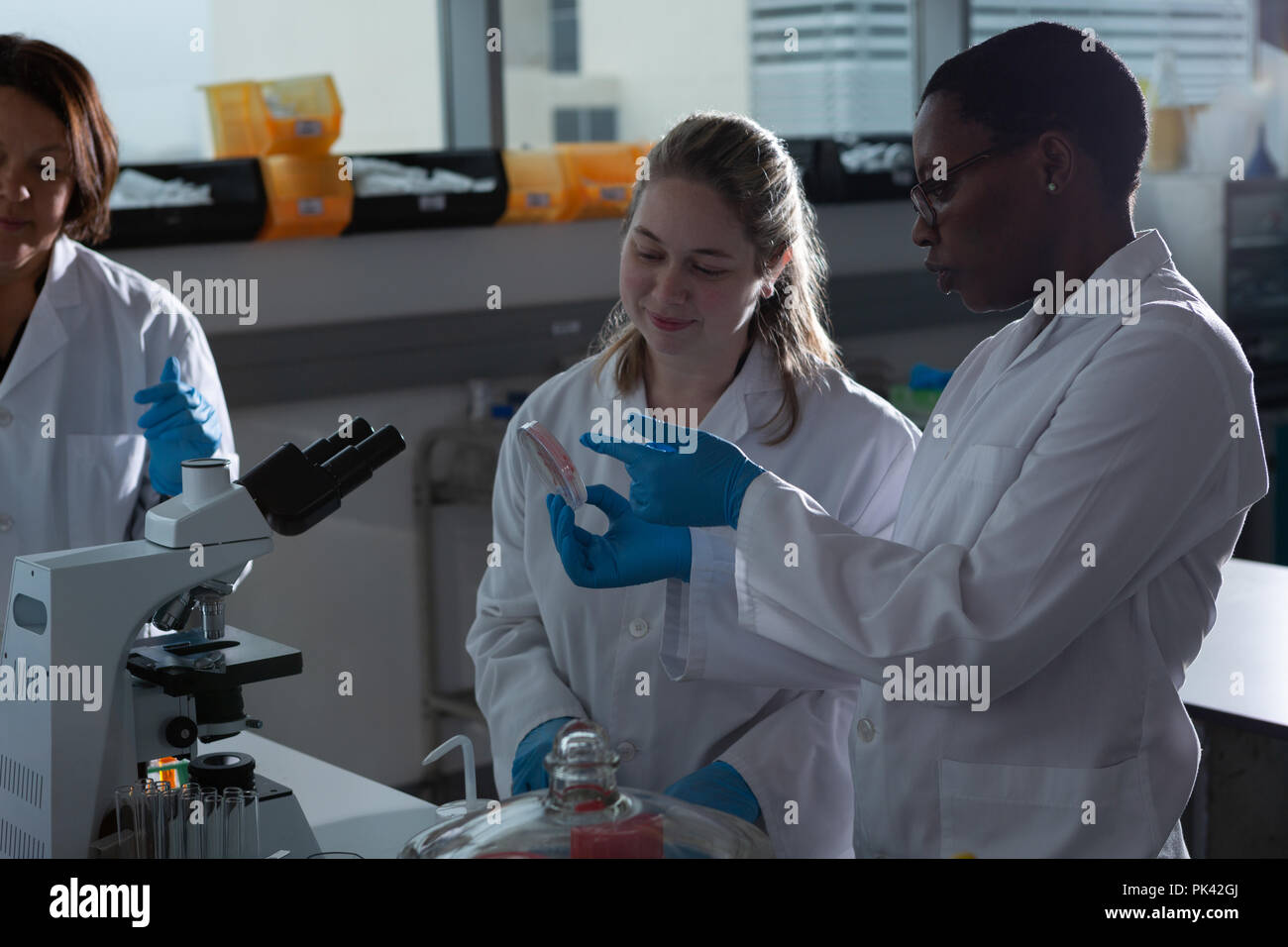 Team of scientists discussing over lab equipment Stock Photo