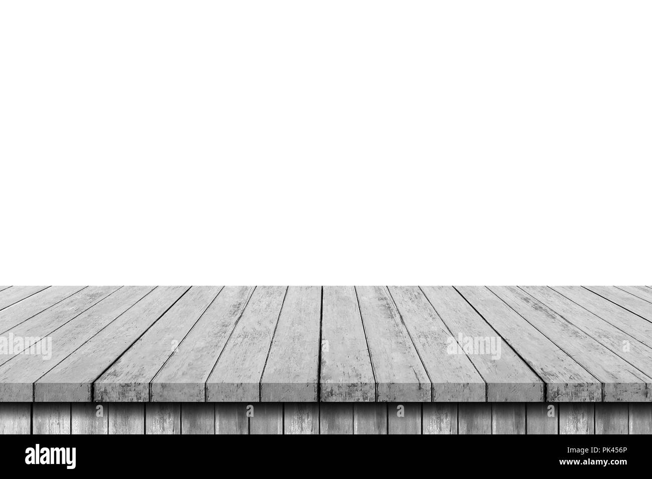 Empty wood table on isolated white background with display montage for product. Stock Photo