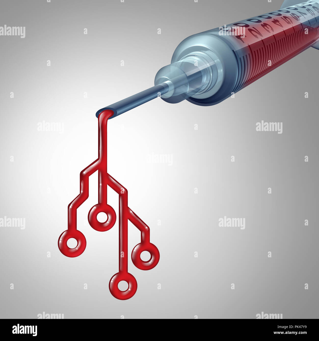 Medical technology and biomedical engineering or biotechnology medicine technologies health services as a hospital syringe with blood. Stock Photo