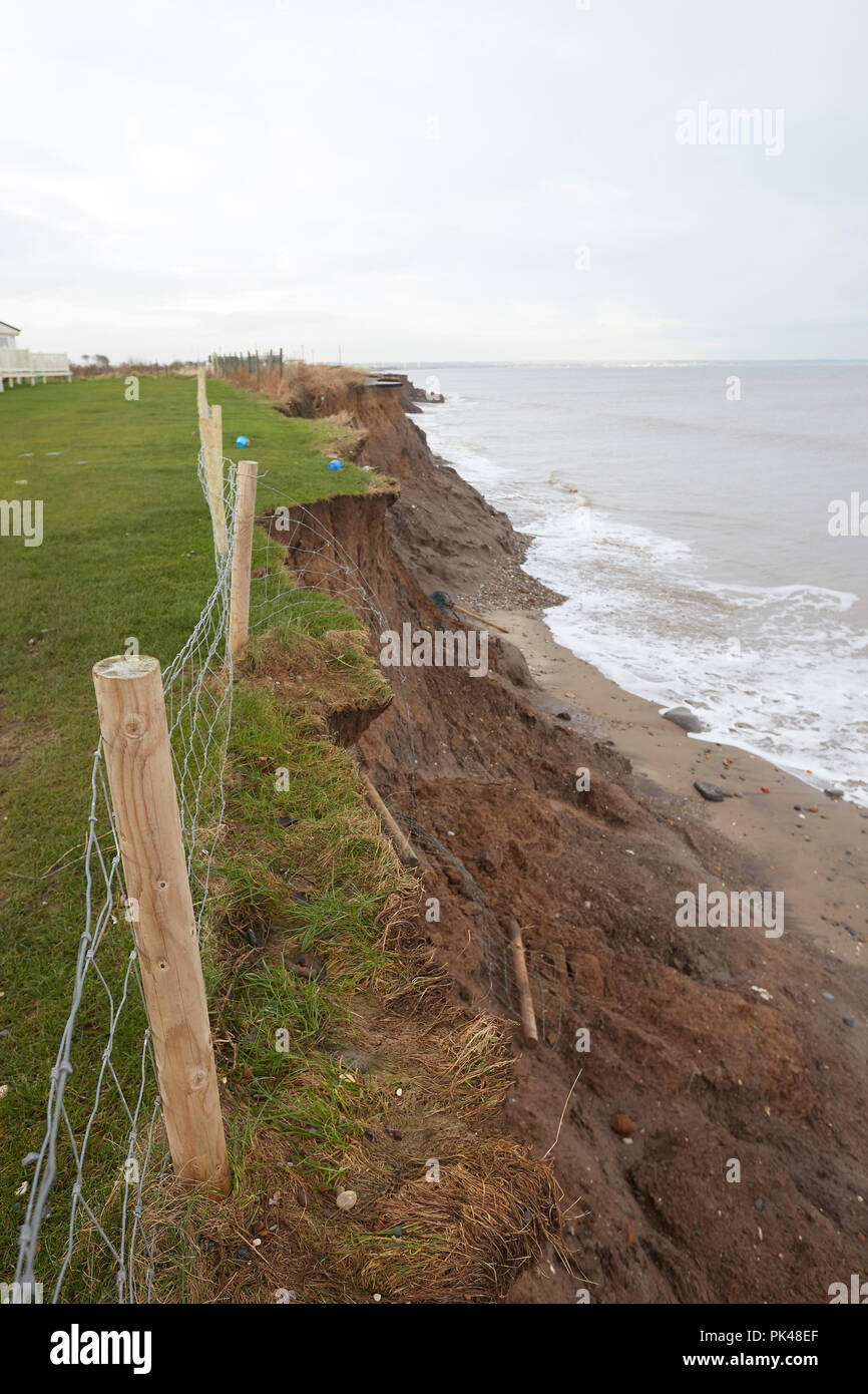 Coastal Erosion cliffs, part of the Ulrome caravan site collapsing into the North Sea, Skipsea, East Riding of Yorkshire, England, UK Stock Photo