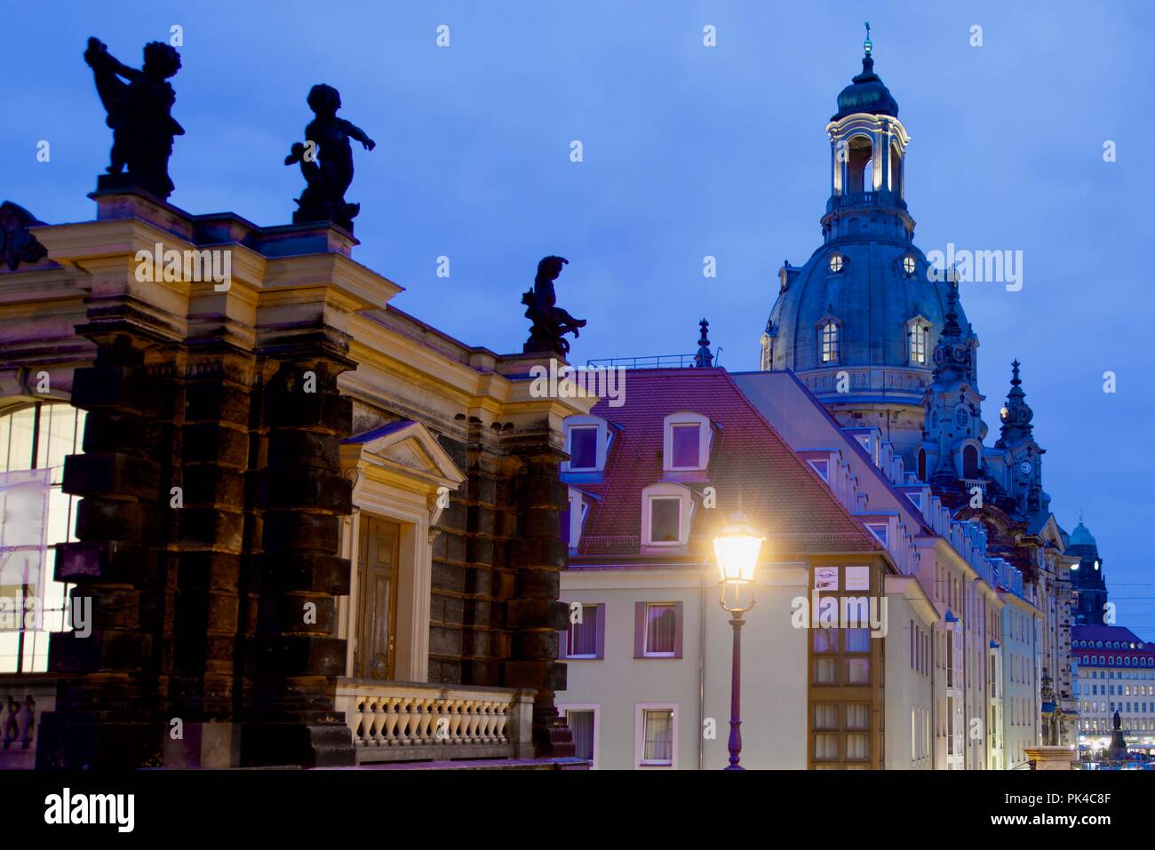 City of Dresden in the evening with the Frauenkirche Stock Photo