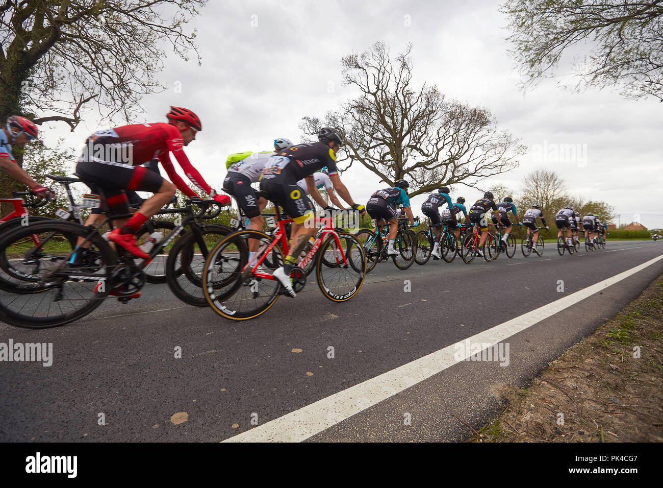 The main peloton of cyclists racing in The Tour de Yorkshire 2018 heading out of Holme upon Spadling Moor Stock Photo