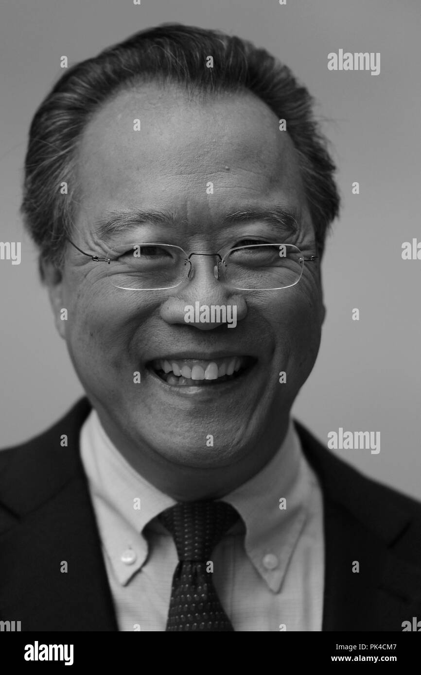 London, UK, 9th Sep 2018. Yo-Yo Ma ( Image digitally altered to monochrome ) seen at the BBC studios in London Stock Photo