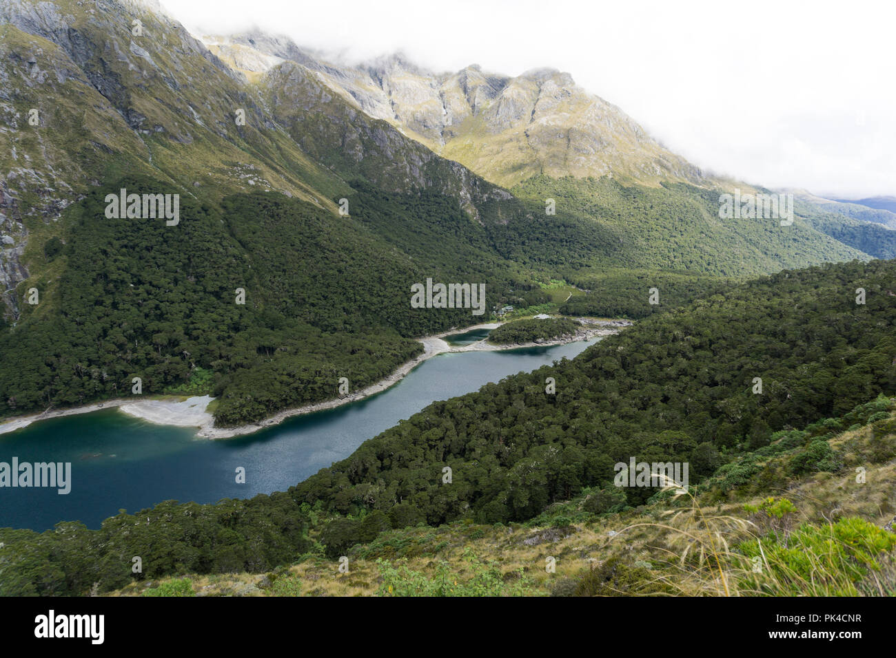 New Zealand Great Walk, Routeburn Track - Mountains, Evergreen Forest and Lakes Stock Photo