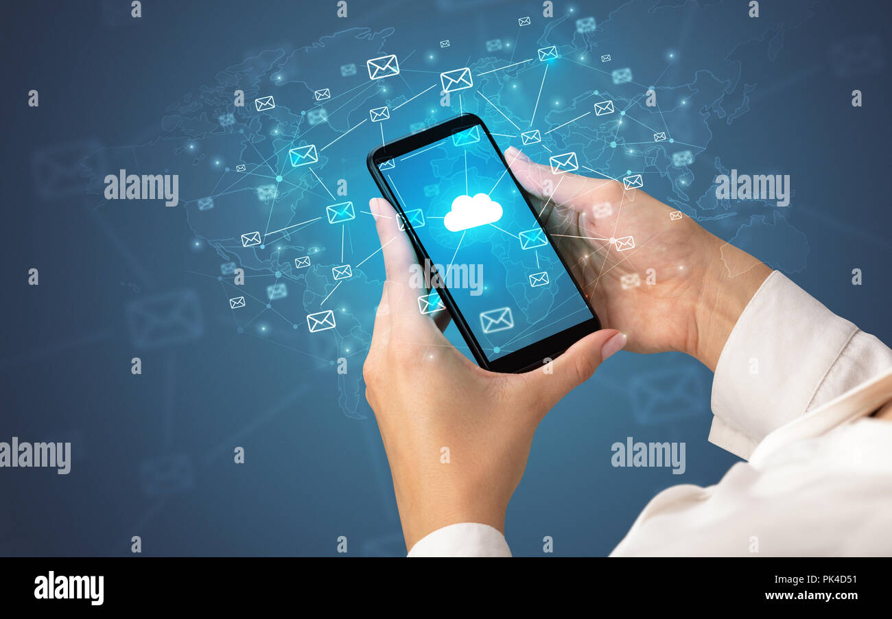 Female hand using smartphone with cloud, message and global concept ...
