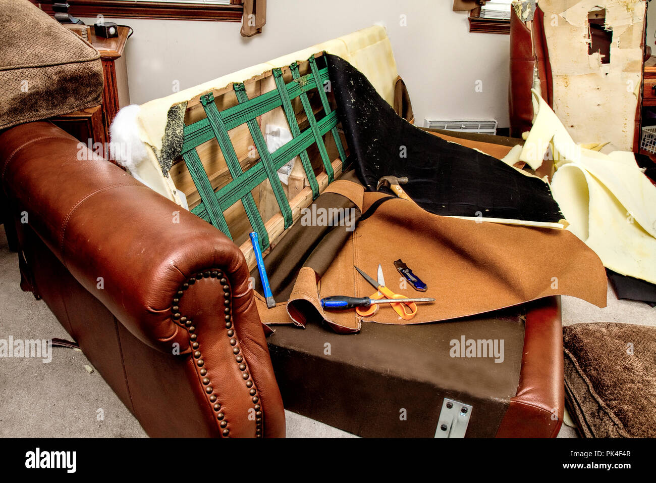 Restoration of sofa torn apart..  Reupholstering Furniture. Stock Photo