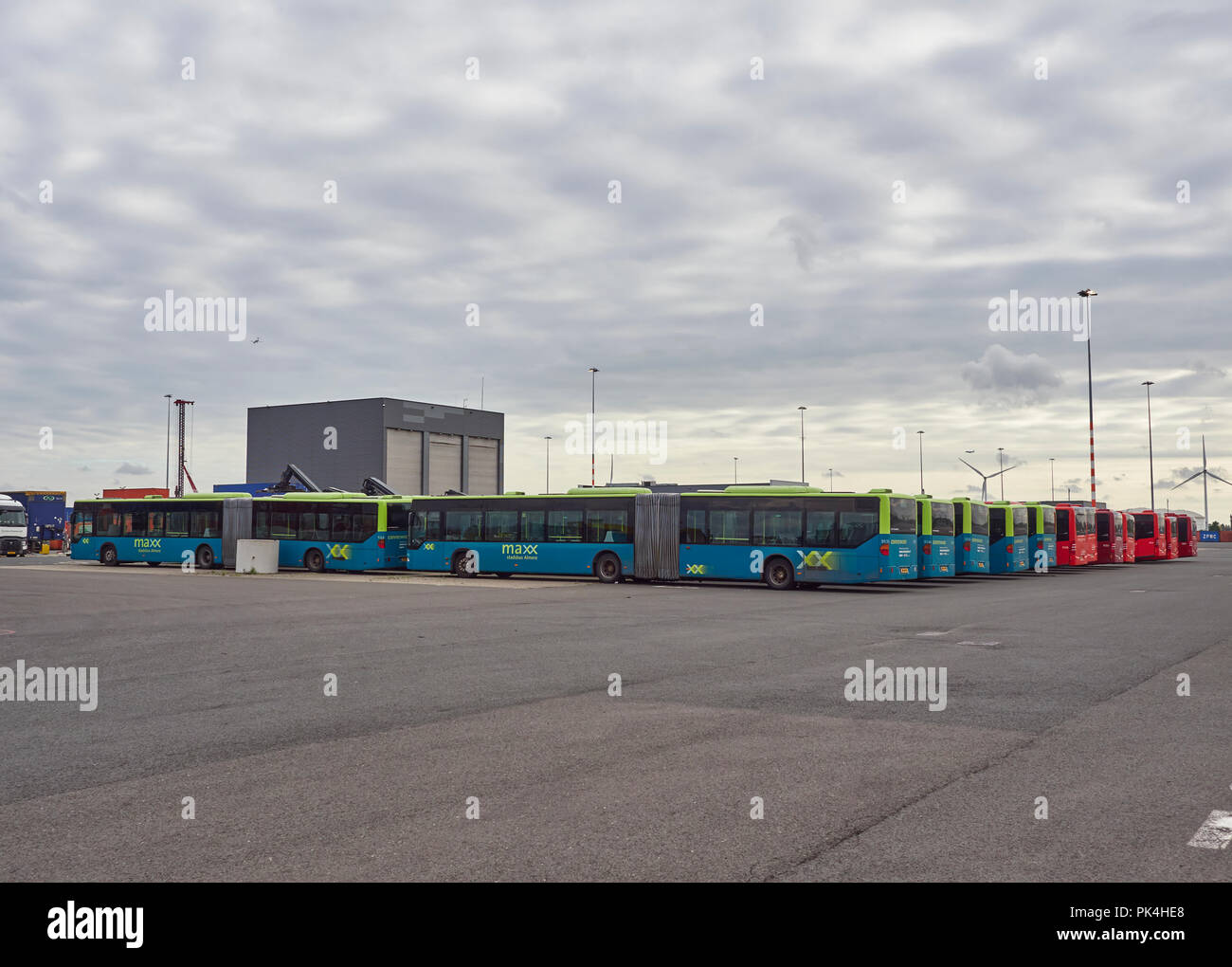 Dutch Bendy Buses no longer required being stored in lines at the Container Terminal in Den Haag, The Netherlands. Stock Photo