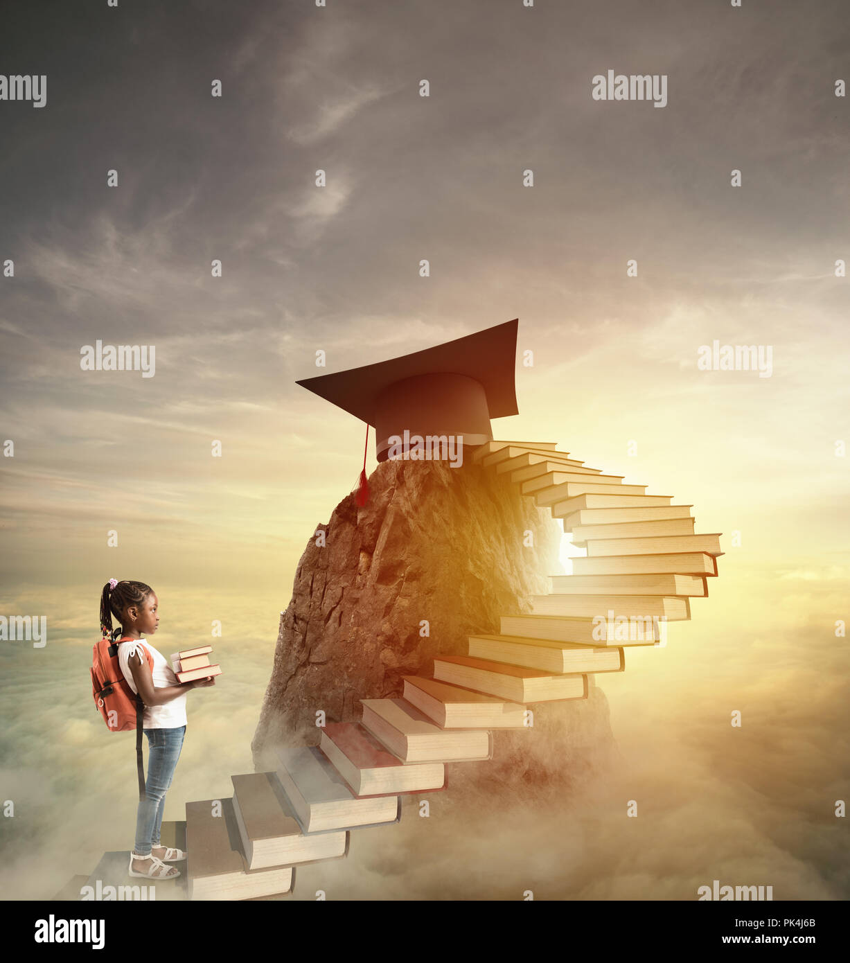 Aspire to prestigious roles by climbing a ladder of books Stock Photo