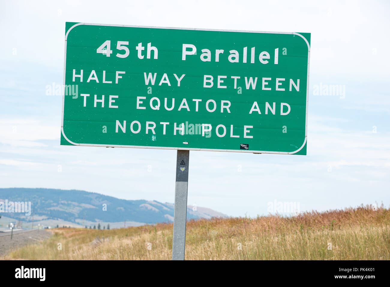 45th Parallel sign along Interstate 84 in Eastern Oregon. Stock Photo