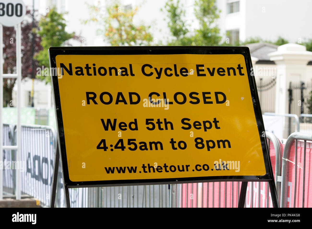 Road Closed sign at the Tour of Britain cycle race, Leamington Spa town
