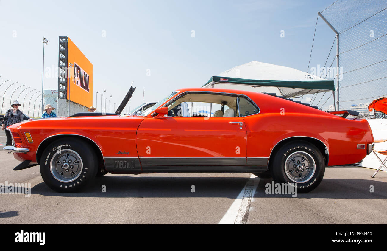 CONCORD, NC (USA) - September 7, 2018:  A 1970 Ford Mustang Mach 1 automobile on display at the Pennzoil AutoFair Classic Car Show at Charlotte Motor  Stock Photo