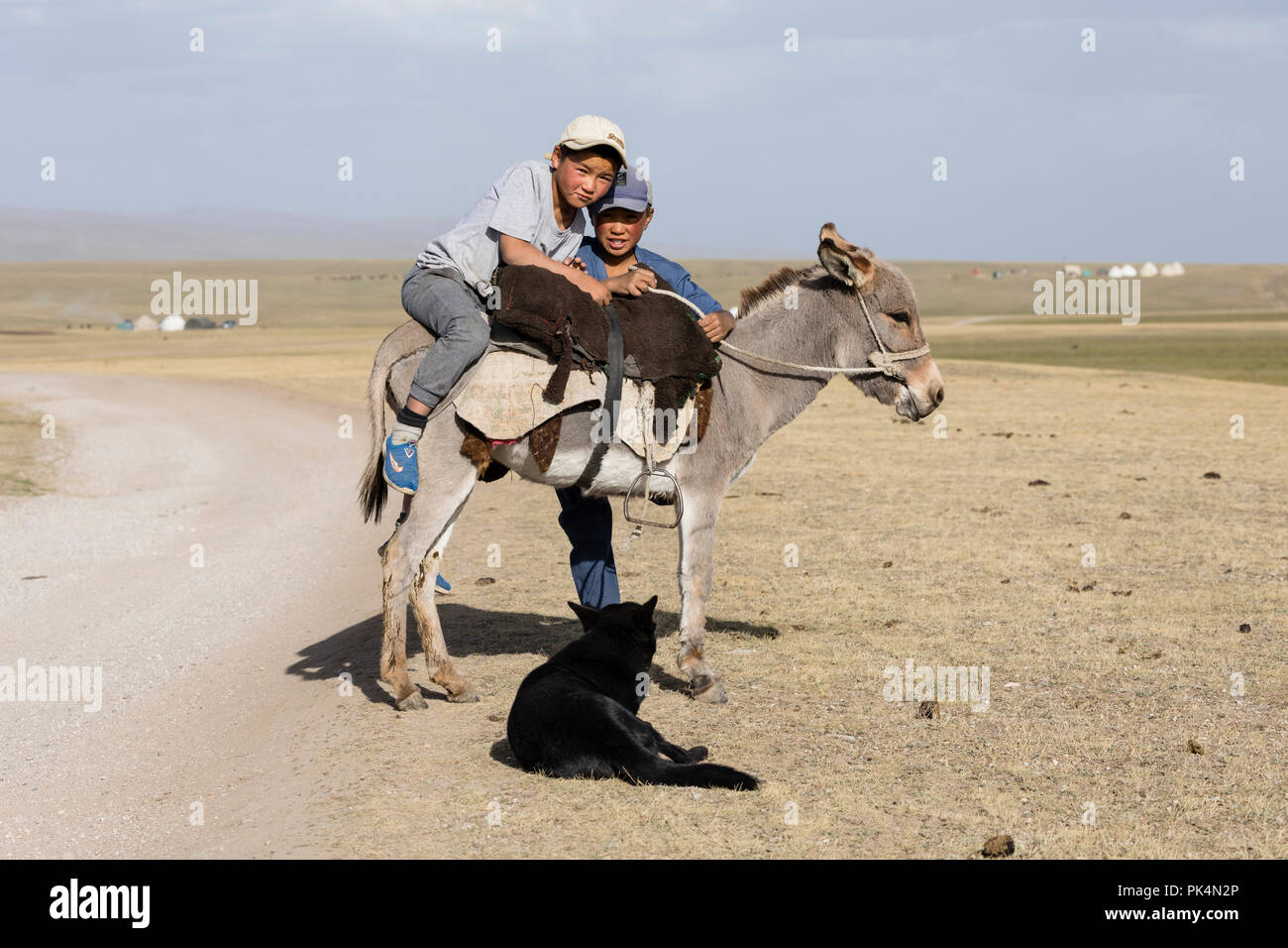 Song Kul, Kyrgyzstan, August 8 2018: Two boys and a donkey at Song Kul lake in Kyrgyzstan Stock Photo