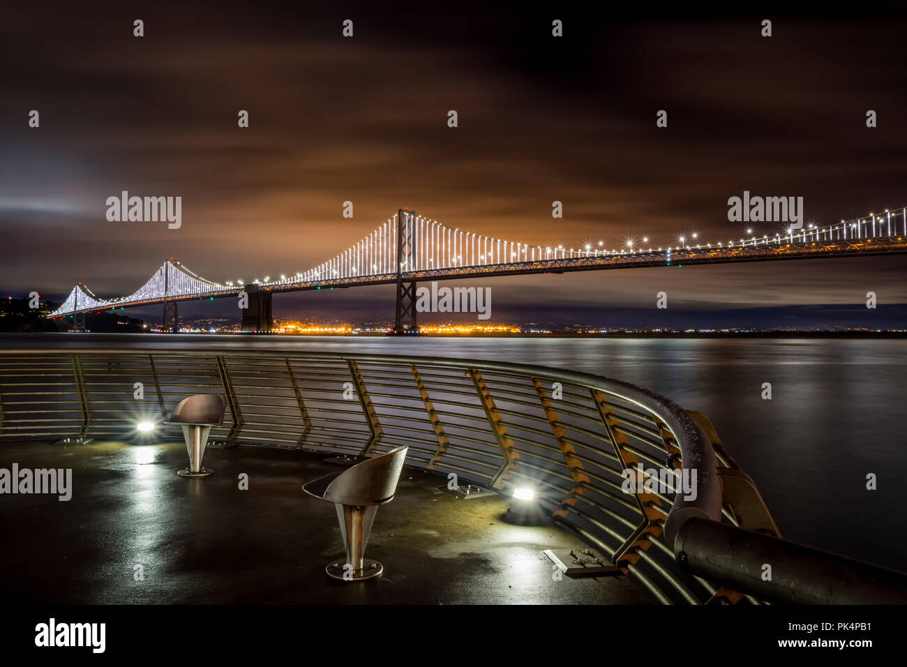 San Francisco Bay Bridge night lights Stock Photo