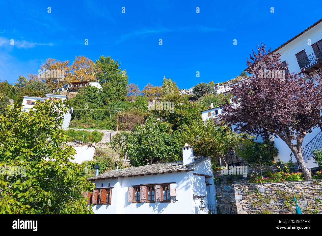 Street view at Makrinitsa village in Pelion mountain, Greece Stock