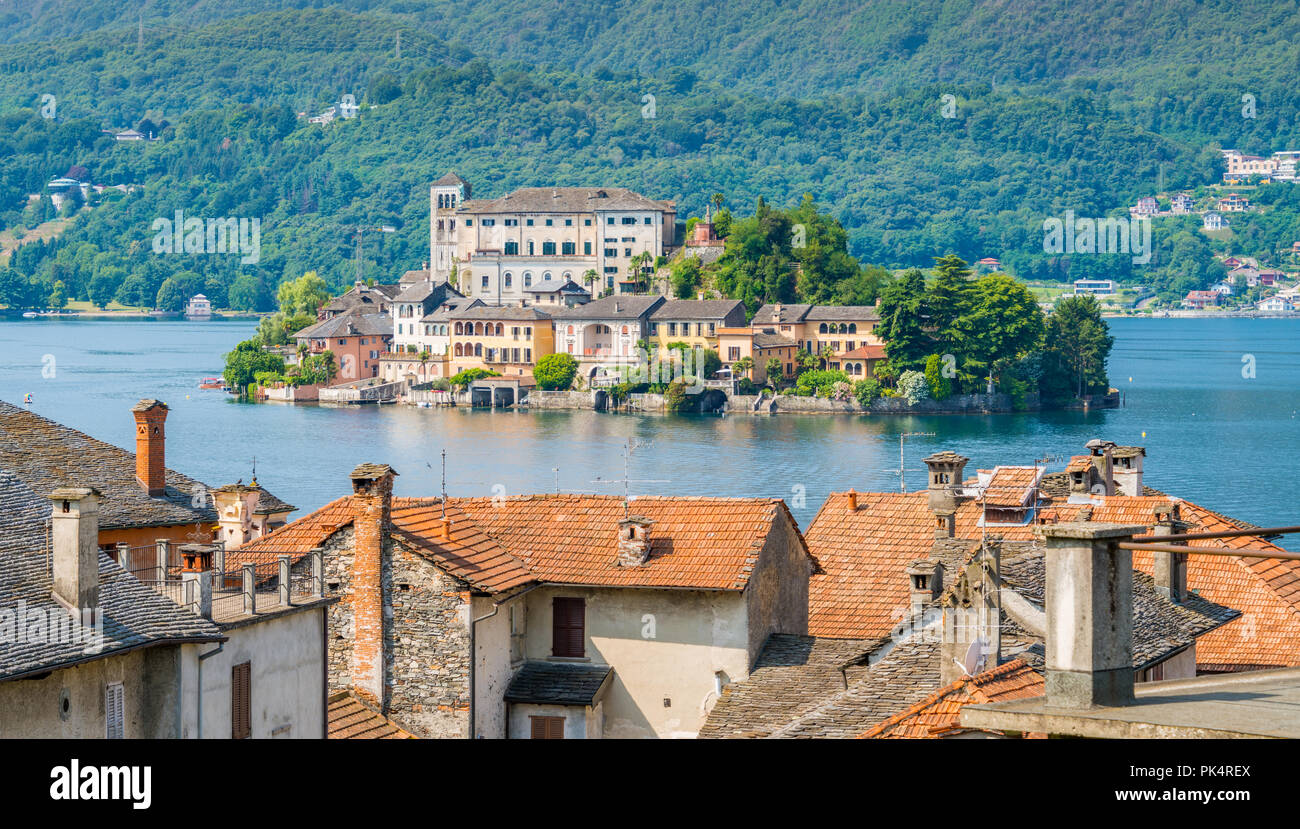 Scenic sight of San Giulio Island on Lake Orta, Piedmont, Italy. Stock Photo