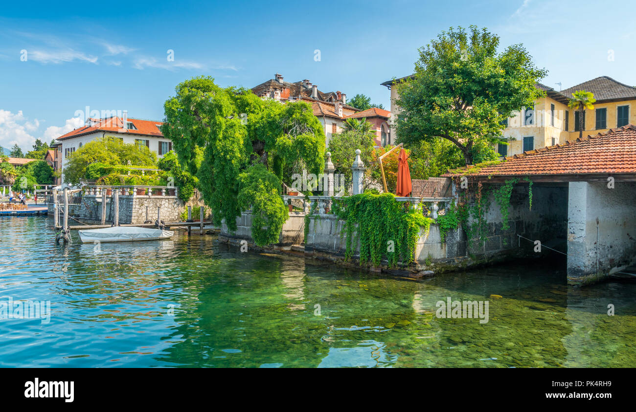 Scenic sight in Orta San Giulio, beautiful village on Lake Orta, Piedmont (Piemonte), Italy. Stock Photo
