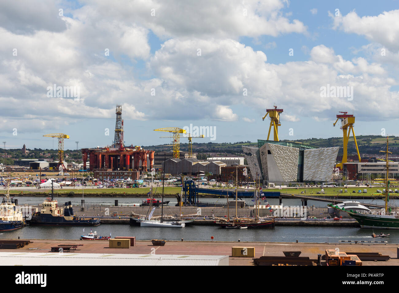 High level view of Belfast docks with Harland & Wolff shipbuilders cranes, Samson & Goliath, in view behind the Titanic Building. Belfast, N.Ireland. Stock Photo
