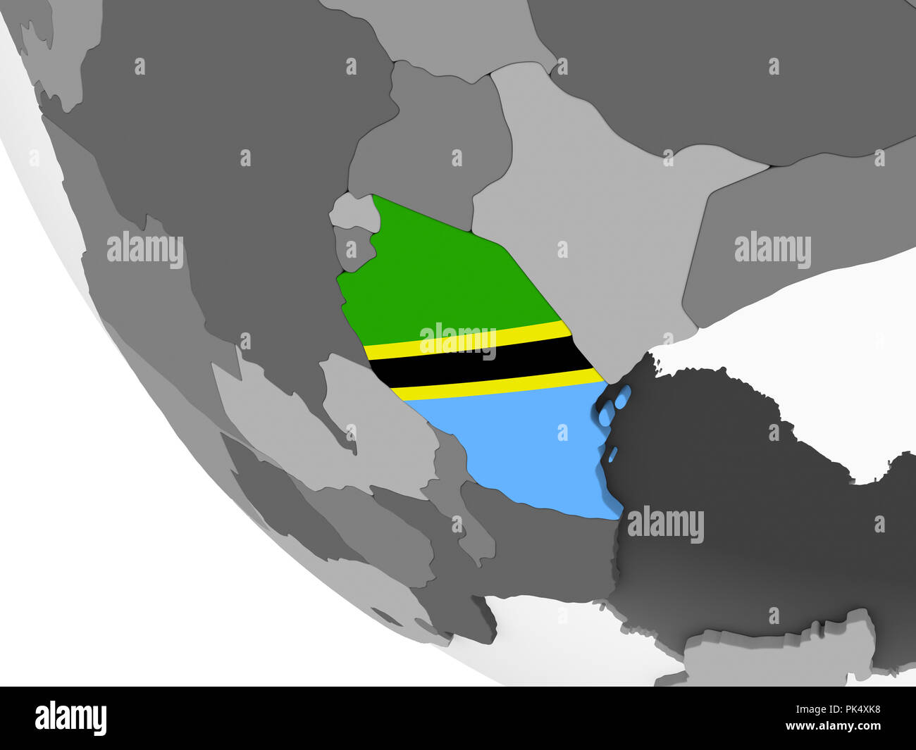 Tanzania on gray political globe with embedded flag. 3D illustration ...