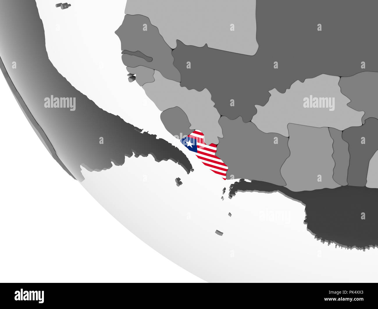 Liberia on gray political globe with embedded flag. 3D illustration ...