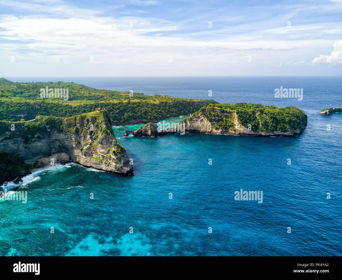 Aerial view of Nusa Batupadasan Island off the coast of Nusa Penida near Bali, Indonesia. Stock Photo