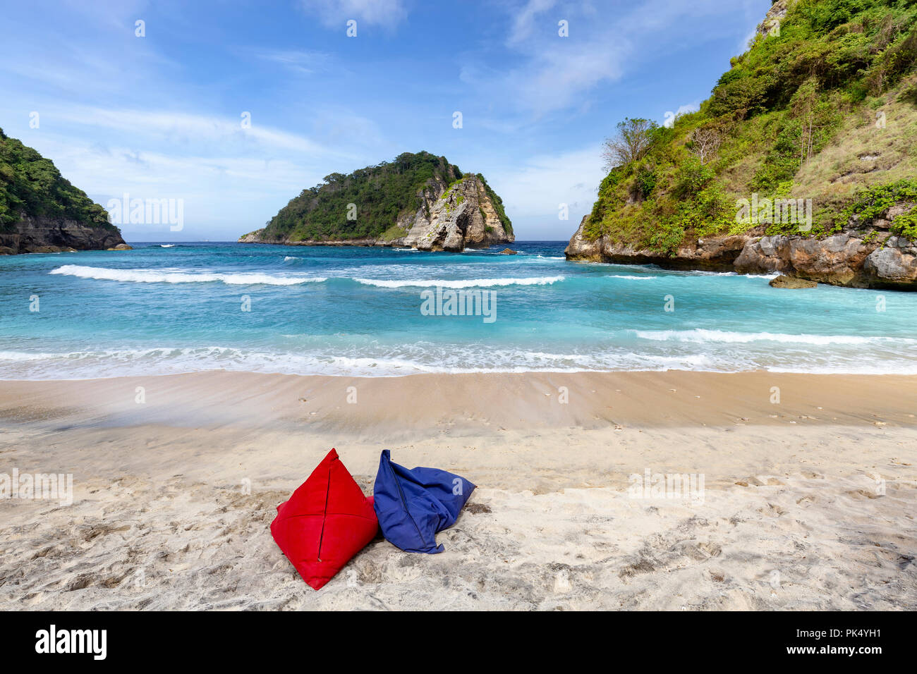 Two bean bag chairs on Atuh Beach in Nusa Penida, Indonesia. Stock Photo