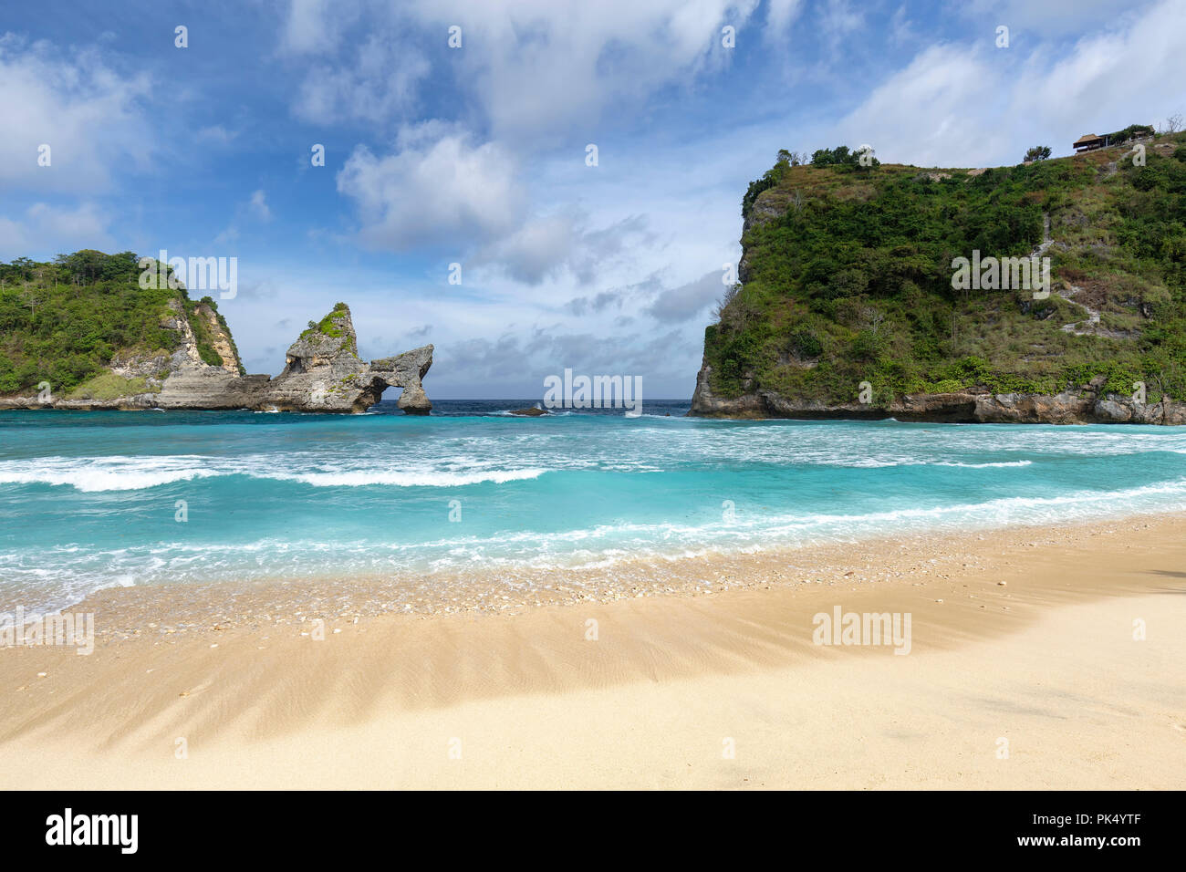 Wide angle view of an empty Atuh Beach on Nusa Penida in Indonesia. Stock Photo