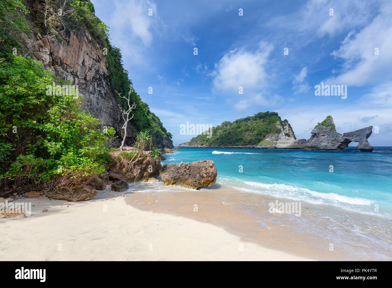 Remarkable view of part of Atuh Beach and rock formations on Nusa Penida in Indonesia. Stock Photo