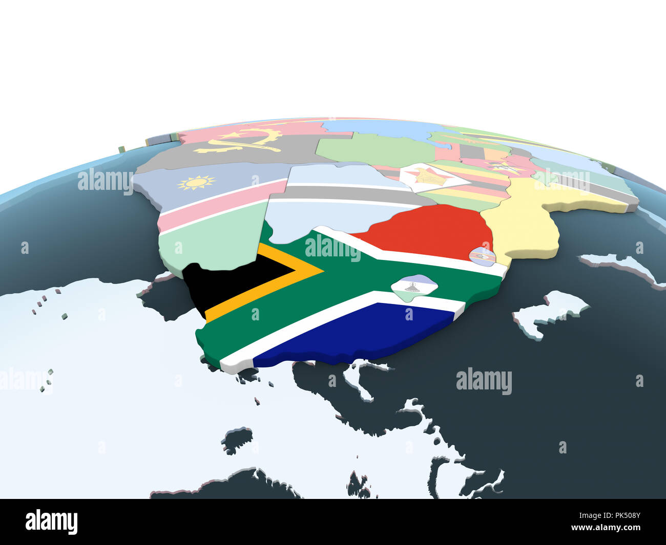 South Africa on bright political globe with embedded flag. 3D ...