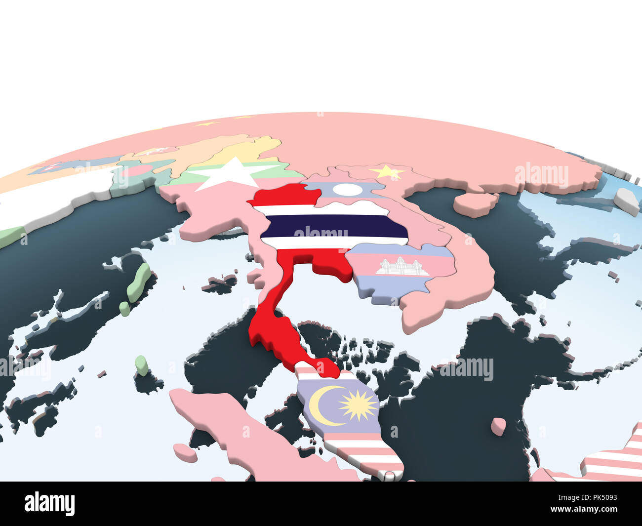Thailand on bright political globe with embedded flag. 3D illustration ...