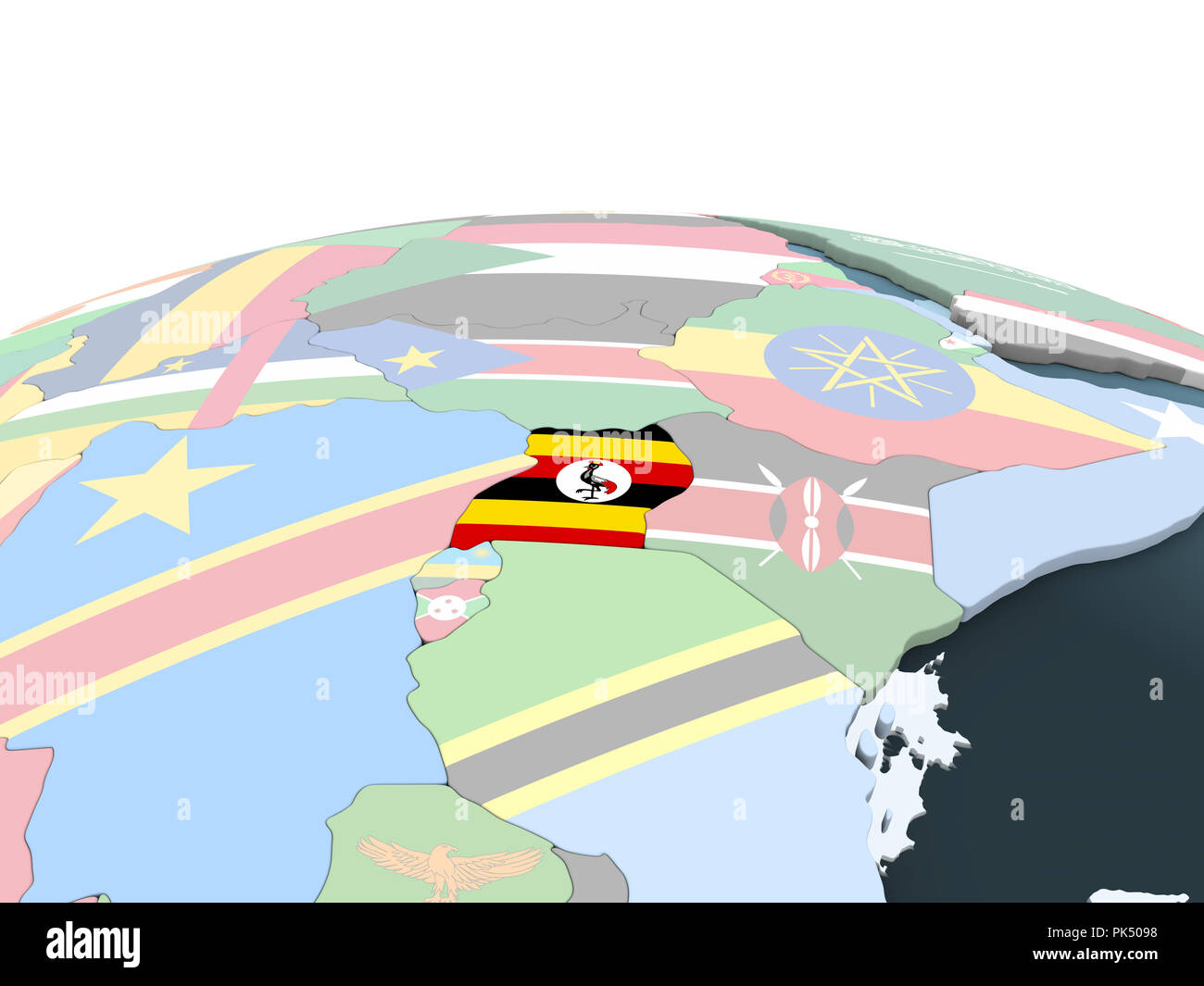 Uganda on bright political globe with embedded flag. 3D illustration. Stock Photo