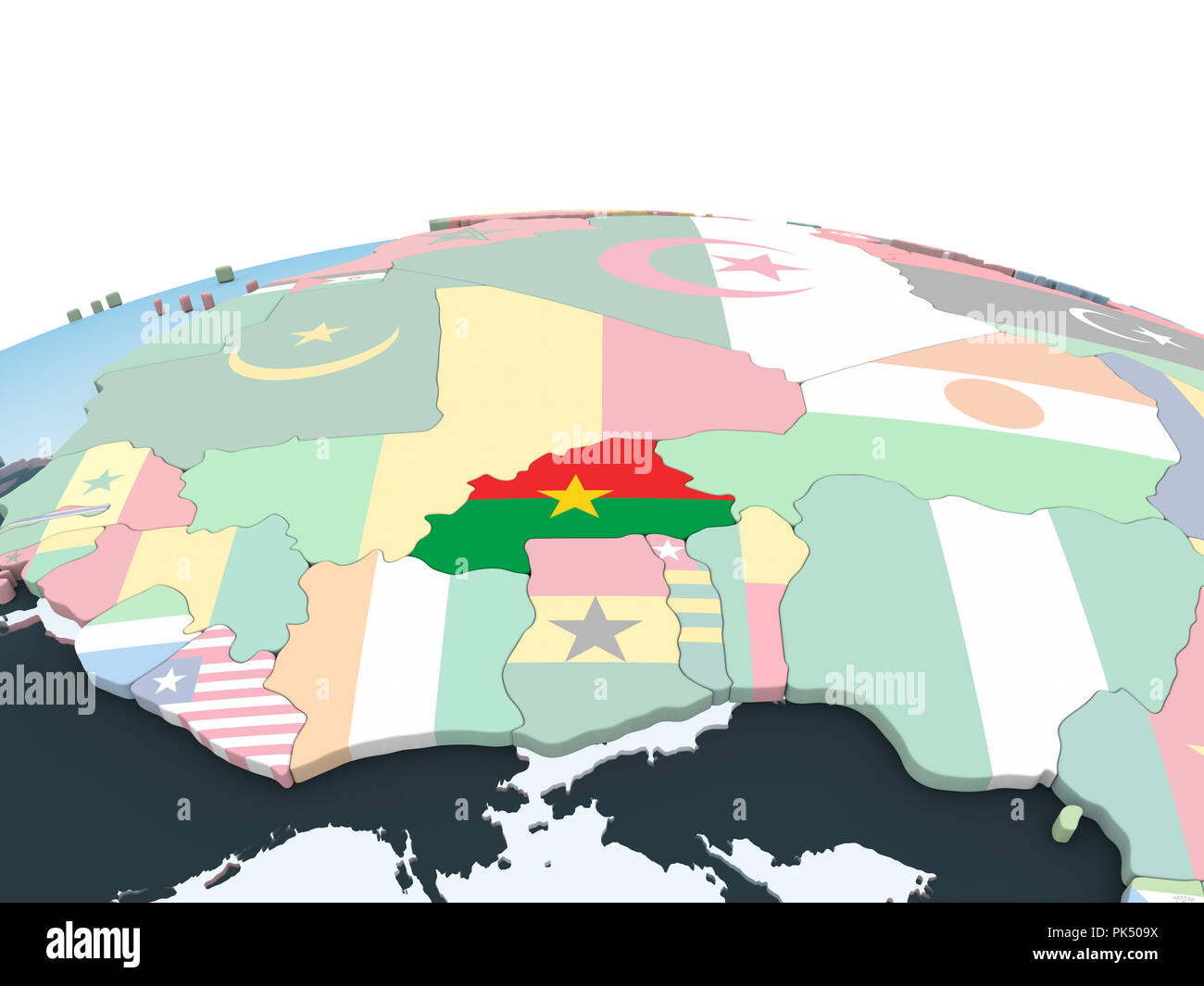 Burkina Faso on bright political globe with embedded flag. 3D