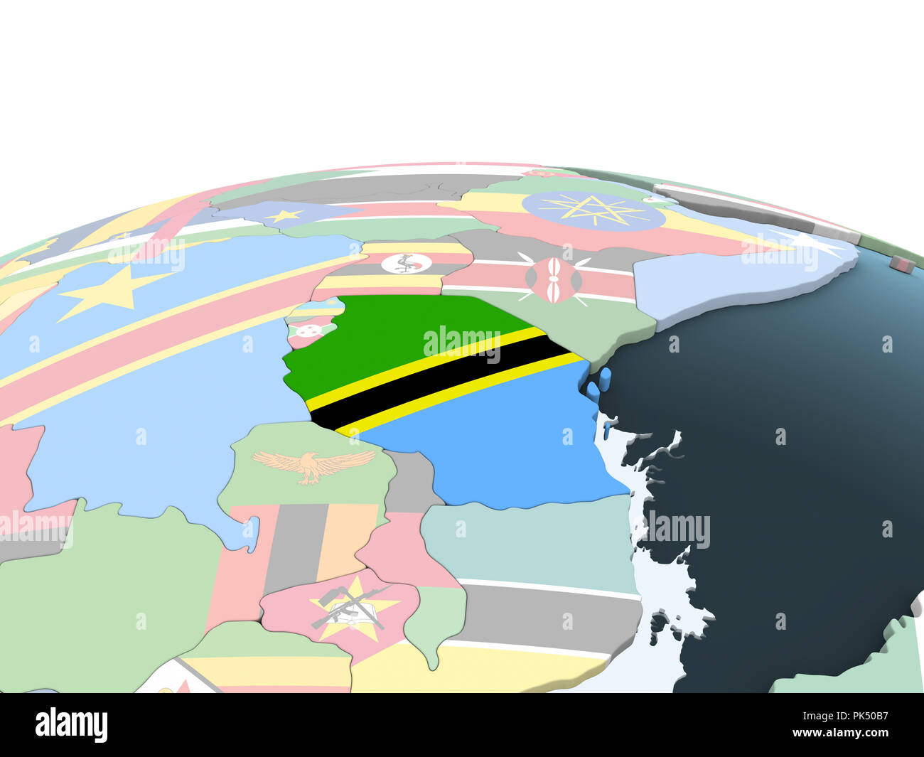 Tanzania on bright political globe with embedded flag. 3D illustration ...