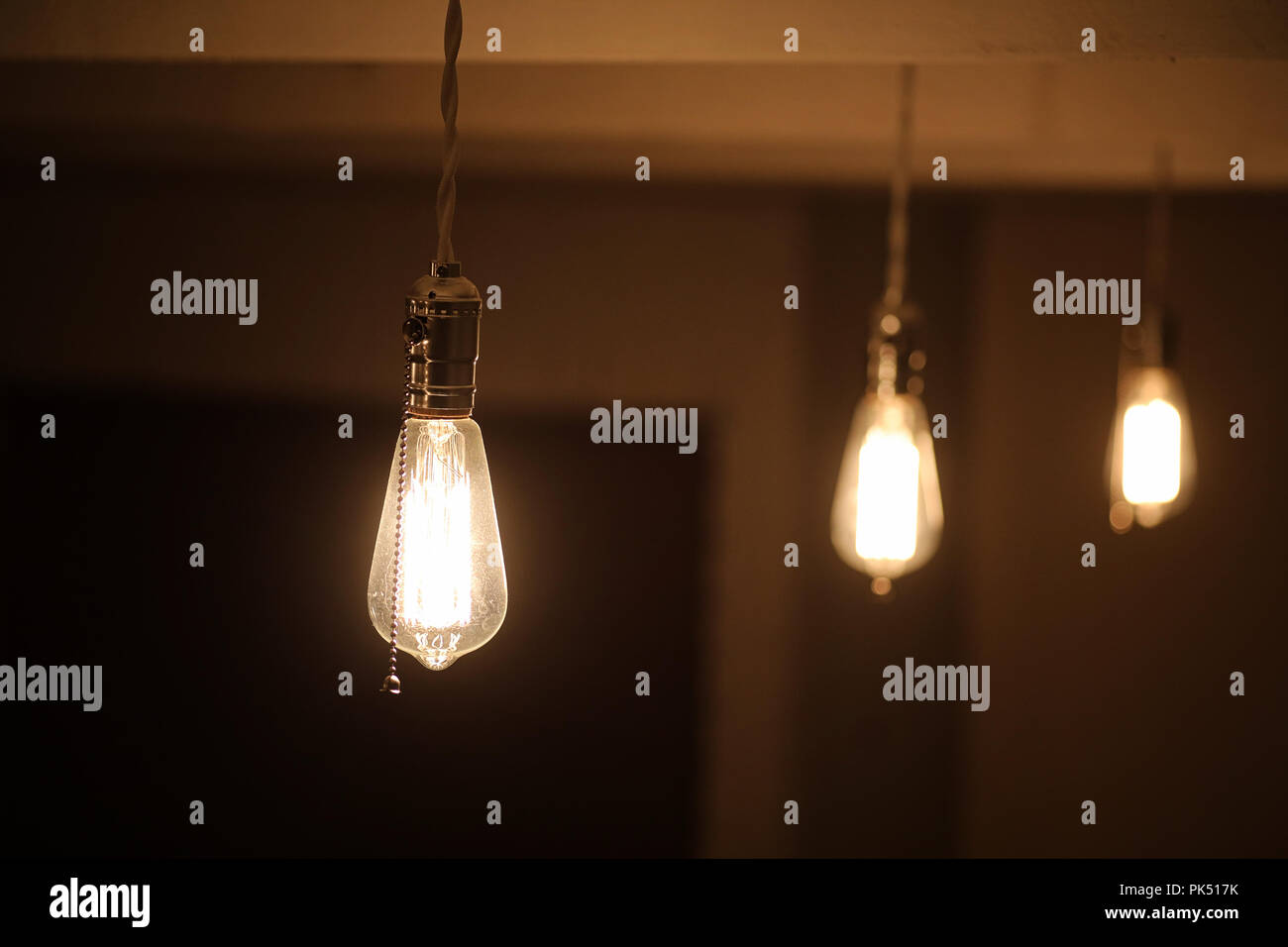Lamps with tungsten filament. Edison's light bulb. Filament fila Stock