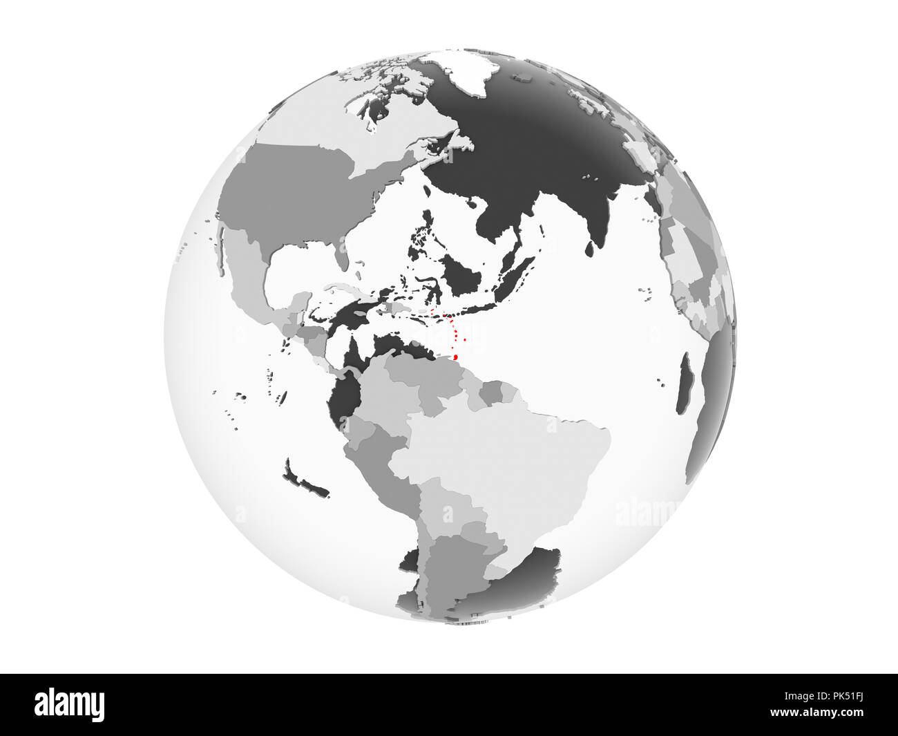 Caribbean highlighted in red on grey political globe with transparent ...