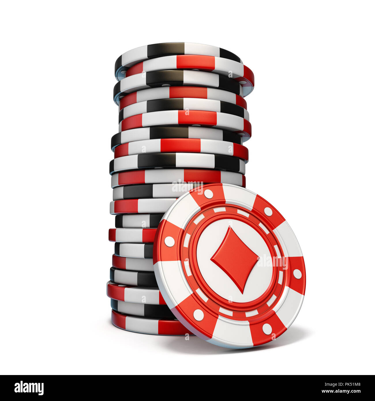 Stack of gambling chips and one Red diamond chip 3D render illustration
