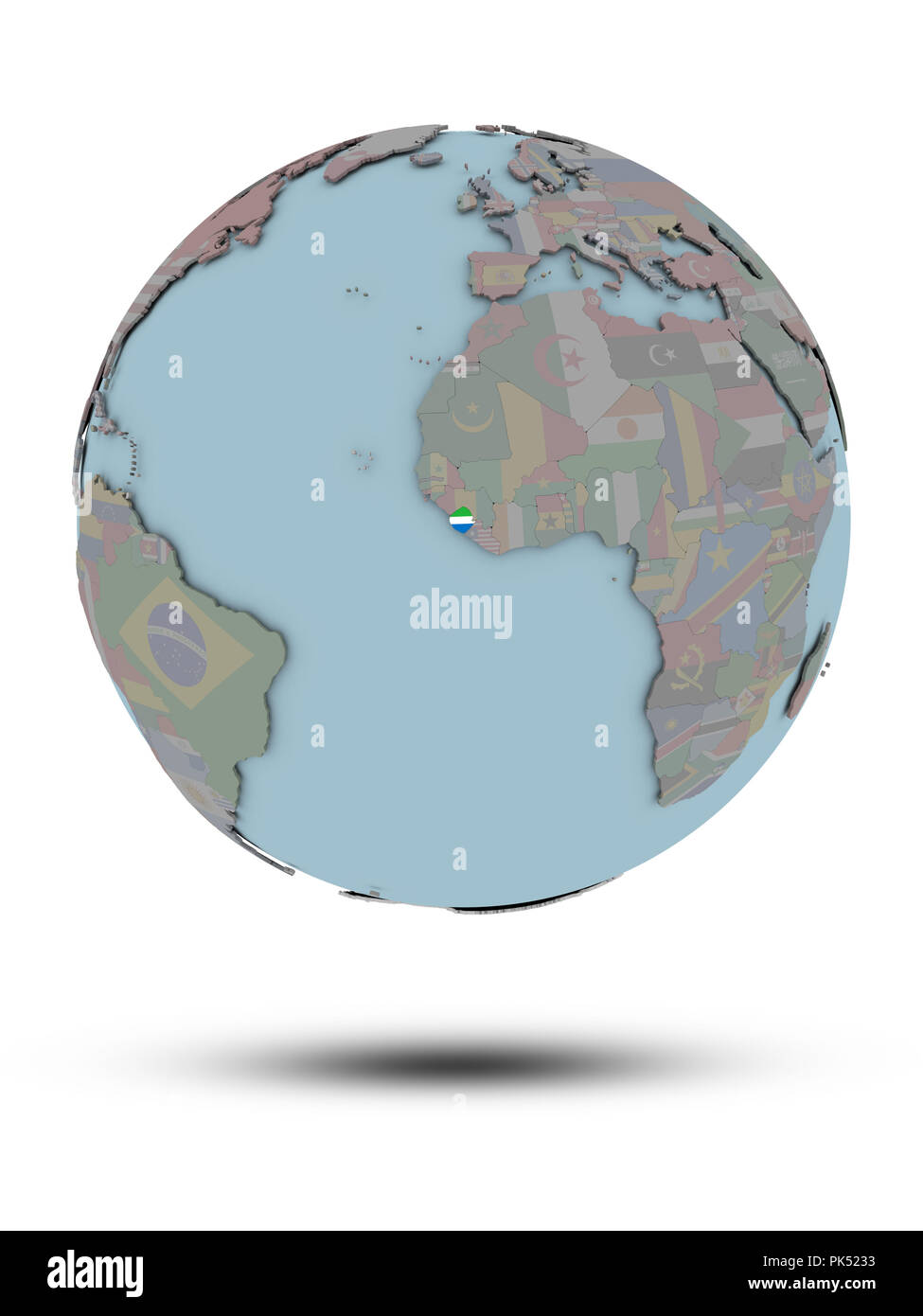 Sierra Leone with national flag on political globe with shadow isolated ...