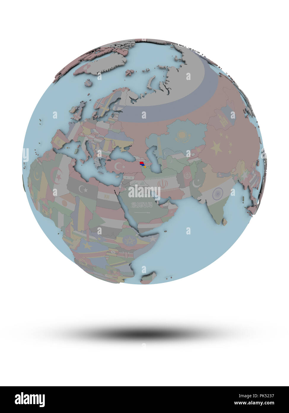 Armenia with national flag on political globe with shadow isolated on ...