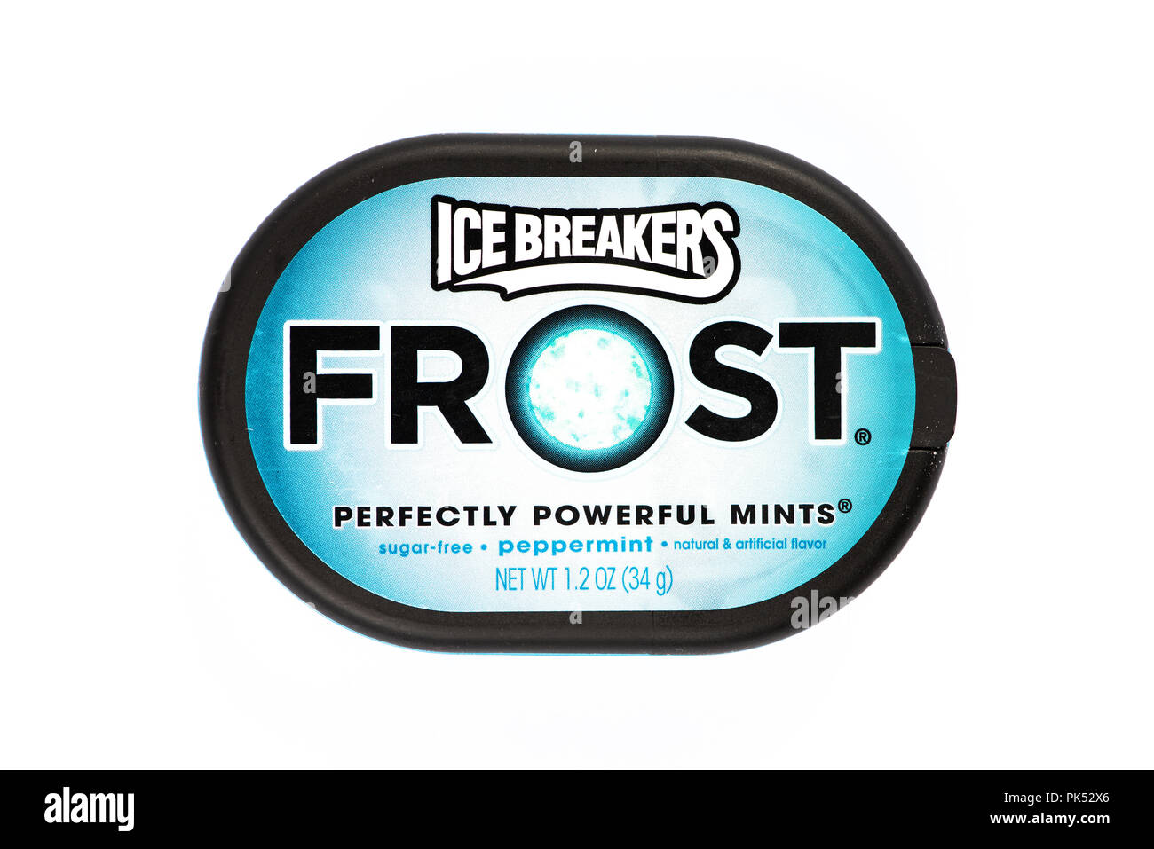 A plastic container of Ice Breakers Frost sugar-free peppermint candies. Stock Photo