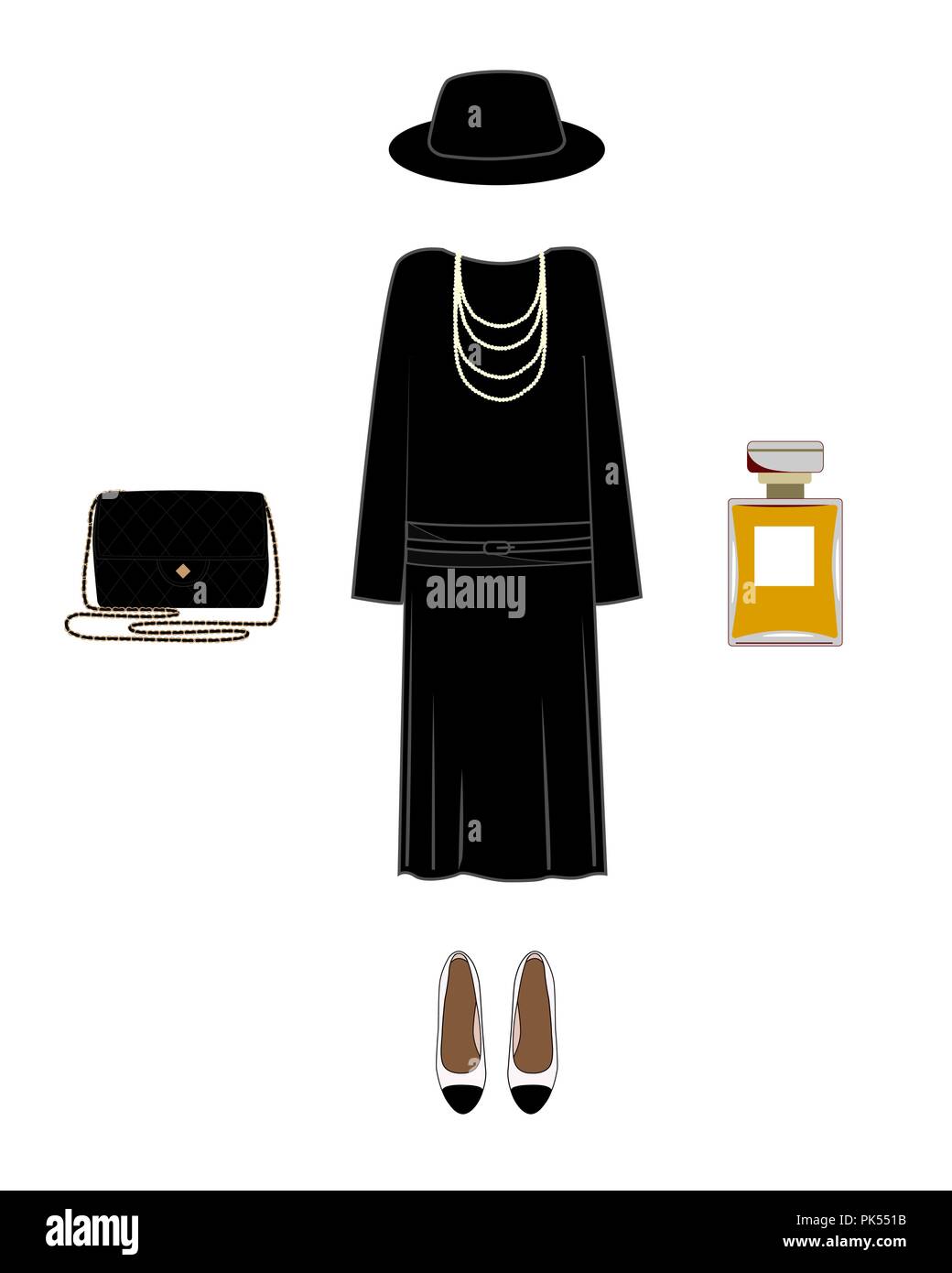 Vector silhouette of a lady classic image. Dress, hat, bag, shoes, and perfume. Coco Chanel lady Stock Vector