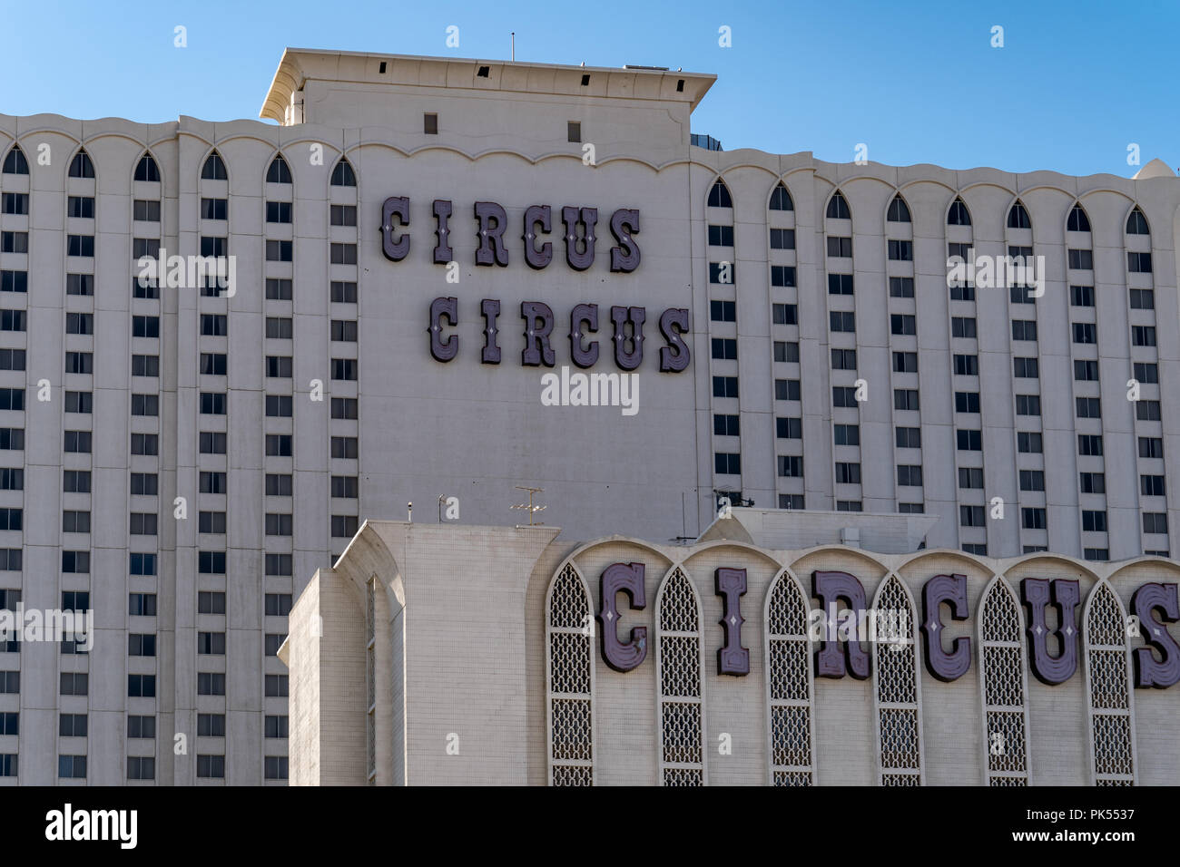 JULY 9 2018 - LAS VEGAS, NEVADA: Sign and partial building photo of the Circus Circus Hotel and Casino's Manor Rooms. Circus Circus is a family friend Stock Photo