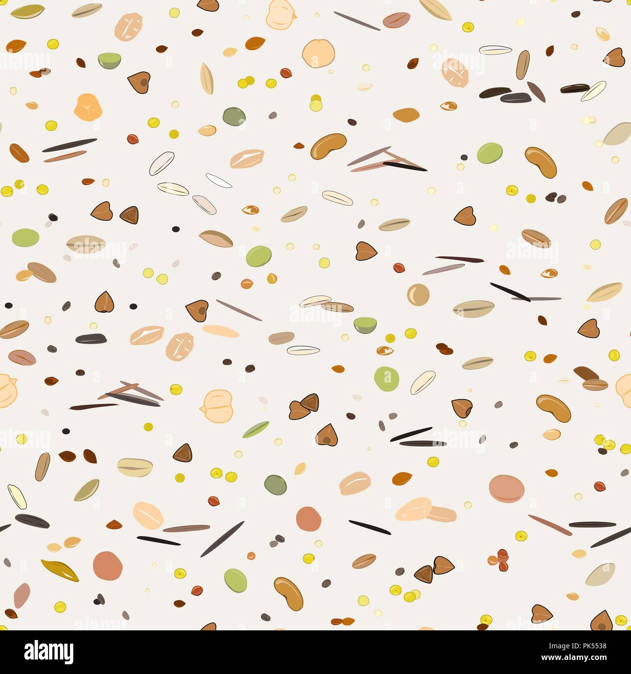Seamless pattern with grains and cereals. Wheat, barley, oats, rye, buckwheat, amaranth, rice, millet, sorghum, quinoa, chia, oatmeal and legumes. Vec Stock Vector