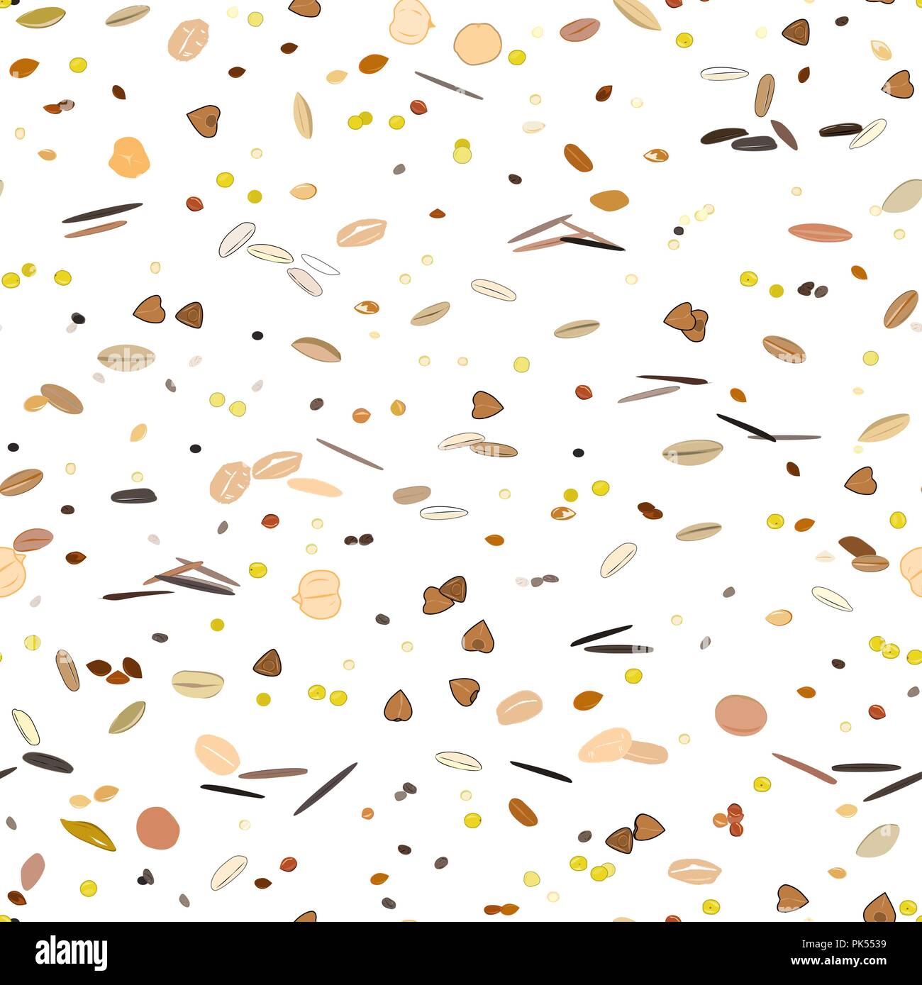 Seamless pattern with grains and cereals. Wheat, barley, oats, rye, buckwheat, amaranth, rice, millet sorghum quinoa chia seeds oatmeal legumes Vector Stock Vector
