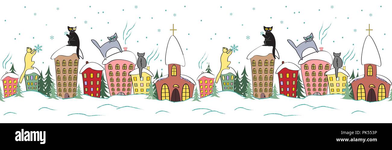 Cartoon christmas seamless design with cats in silhouettes sitting on the top of the roof watching snowflakes Stock Vector